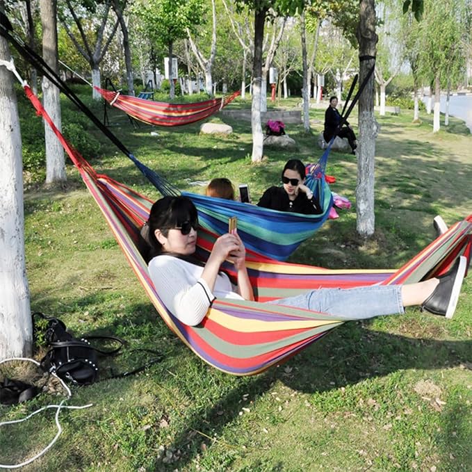 Happyyami Double Thickened Canvas Hammock for Two with Two Bind Ropes, 280x150cm Red Outdoor Camping Hanging Swing Sleeping Bed for Patio and Garden