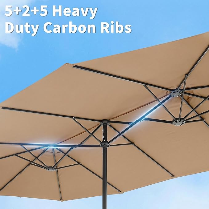 15FT Large Double Sided Patio Umbrella with Base, Aluminum Crank and Heavy Duty Carbon Steel Ribs Outdoor Umbrellas, Fade Resistant Rectangular Market Umbrella for Pool, Deck, Commercial, Backyard, Patio, Rental, Beige