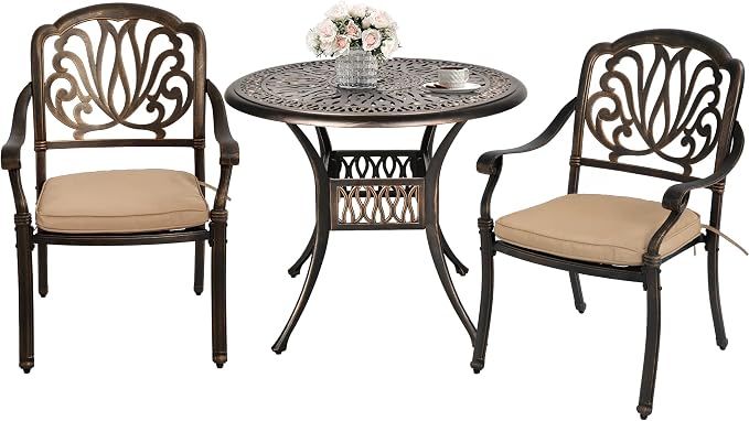 Grepatio 3 Piece Bistro Set Outdoor Cast Aluminum Patio Dining Set Table and Chairs Outside Bistro Furniture 2 Chairs and 1 Umbrella Table for Lawn Garden (Khaki)