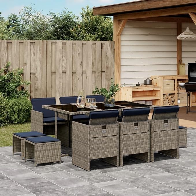 11 Piece Garden Dining Set with Cushions Grey Poly Rattan Outdoor Patio Furniture Table Chairs Stools Tempered Glass UV Resistant Foldable Storage 110 kg