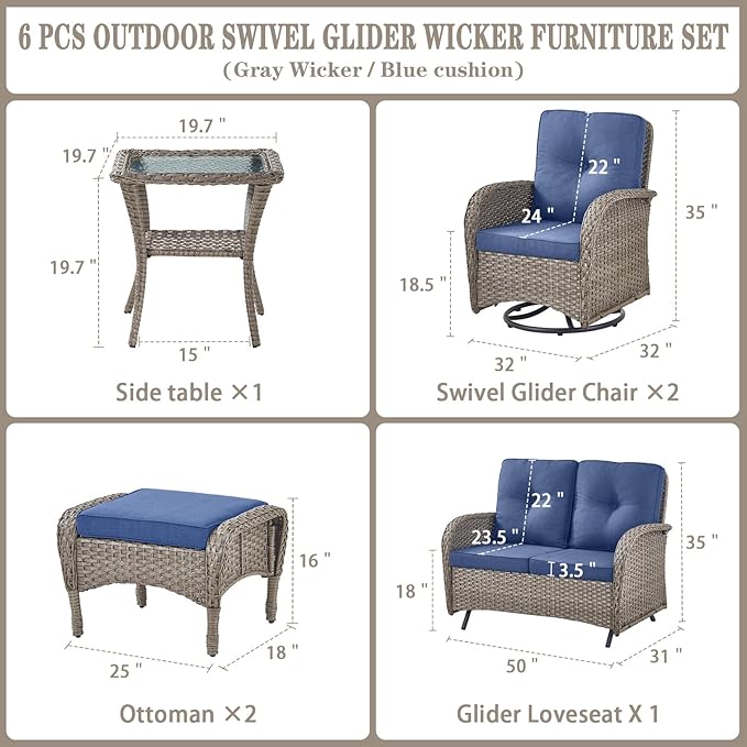 Belord 6 Pieces Wicker Patio Conversation Sets with Outdoor Swivel Rocker Chairs and Loveseat Glider Chair, All-Weather Rattan Furniture Set for Patio Deck Sunroom Backyard