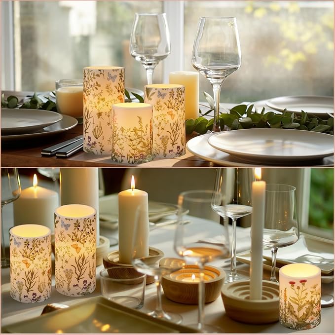 Baquler Wildflowers Floral Spring Glass Flameless Candles with Remote Timer Battery Operated LED Flickering Pillar Seasonal Summer Butterfly Dinner Holiday Decor