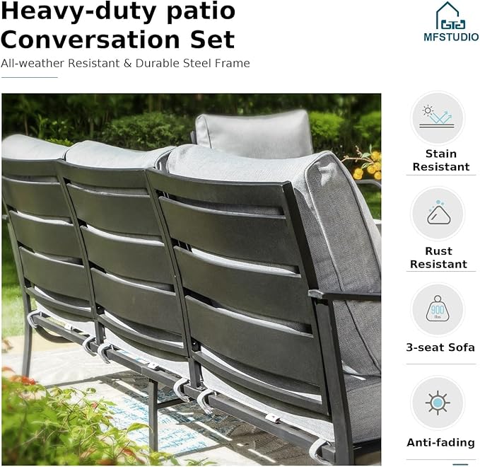 MFSTUDIO 4 Pieces Patio Conversation Sets, All Weather Metal Frame Outdoor Furniture Set Patio Sofas with 1 x 45 Rectangular Propane Fire Table, 1 x 3-Seat Sofa, 2 x Swivel Chairs, Grey Cushion