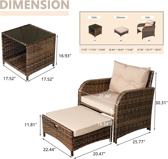 5 Pieces Outdoor Patio Chairs with Ottomans, PE Wicker Rattan Outdoor Furniture w/Footstool Sets, Front Porch Furniture Set, Wicker Patio Conversation Sets for Garden Lawn Balcony(Beige)