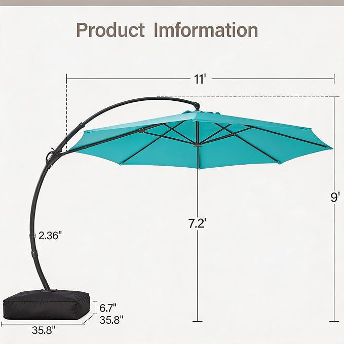 LAUSAINT HOME 11ft Patio Cantilever Umbrella with Base Included, Outdoor Curvy Round Offset Umbrella, Heavy Duty Aluminum, 360° Rotation for Pool, Deck, Lawn, Backyard (Turquoise Blue)