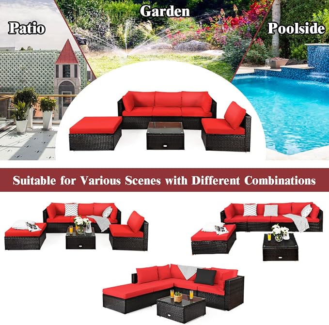 COSTWAY 6-Piece Outdoor Patio Furniture Set, Rattan Sectional Sofa Set with Tempered Glass Coffee Table, Cushions and Ottoman for Garden, Deck, Backyard (Red)