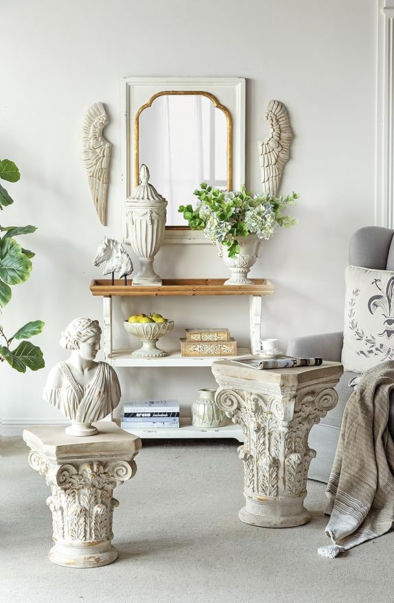 Small Side Table for Living Room, Farmhouse Rustic French Country MGO Pedestal Stand Ornate with Scrollwork Design and Gold Accents, Square Distressed Display Stand White 14x14x17.5