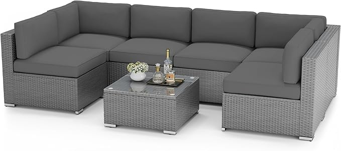 7 Pieces Outdoor Patio Furniture Set, Grey Wicker Patio Sectional Sofa Set, Outdoor Couch with Cushion and Tempered Glass Table, Grey