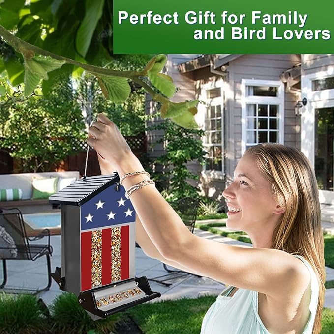 Squirrel Proof Bird Feeder, 6LBS Large Capacity Hanging Bird Seed Feeders for Outside, Weight-Activated Perches Metal Wild Birdfeeder for Outdoors, Blue Jay, Cardinal（Grey