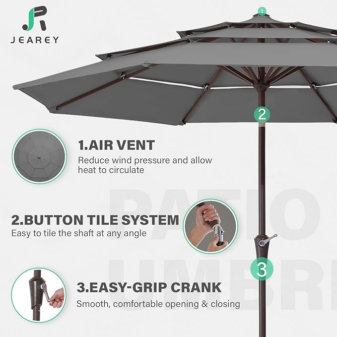 JEAREY 9FT 3 Tier Patio Umbrella Outdoor Market Umbrella Table Umbrellas with 8 Ribs 1.5 Pole Push Button Tilt and Crank UV Protection for Garden,Backyard,Gray