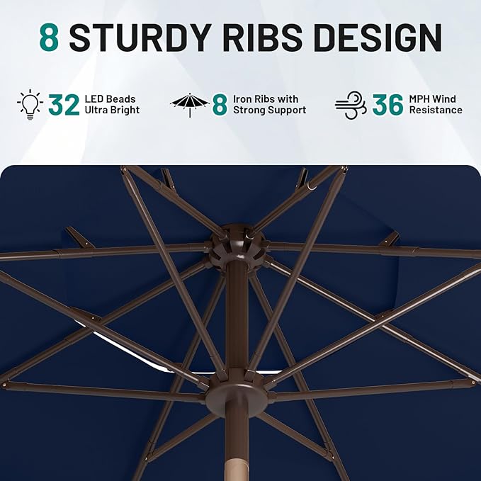 AreShark 9ft 3 Tiers Patio Umbrella with Solar Lights, Outdoor Umbrella w/ 32 LED Lights&8 Sturdy Ribs, Table Umbrella for Deck, Backyard, Pool (Navy)