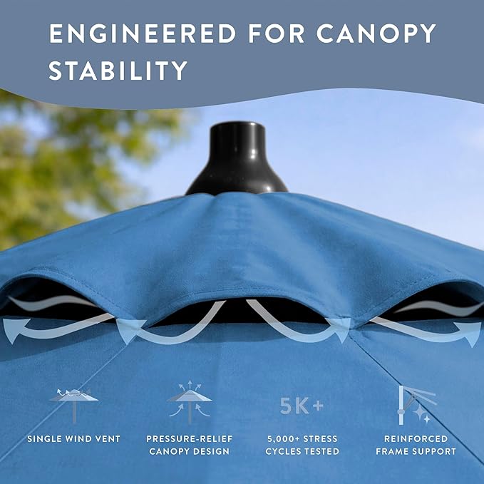 California Umbrella 8-Year Protection 9 Ft Outdoor Patio Umbrella, Solstice Fade-Resistant Fabric, Auto-Tilt, Heavy Duty Aluminum Frame, 8 Reinforced Ribs for Pool or Deck, Black Pole, Frost Blue