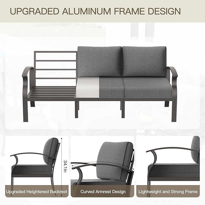 Aluminum Patio Furniture Set with 55,000 BTU Propane Fire Pit Table,8 Seats Metal Modern Outdoor Furniture w/5.1" Cushions,Patio Sectional w/Swivel Chairs for Patio,Backyard,Grey