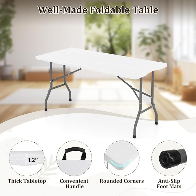 Goplus 5ft Folding Table, Indoor Outdoor Foldable Plastic Folding Tables, Heavy-Duty Rectangular Fold Up Table w/Handle, Portable Utility Card Table for Picnic, Party, Dining, Camping, Beach, White