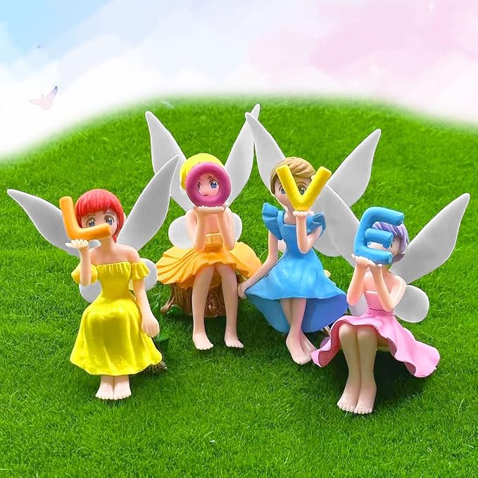 Suartus Miniature Fairy Figurines - 4Pcs Small Fairies Ornaments Resin Mini Fairy Figurines Tiny Elf for DIY Fairy Garden Flower Pot Bonsai Micro Landscapes Craft Decoration Accessories (Love)