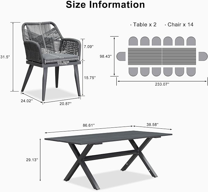 PURPLE LEAF 16 Pieces Outdoor Patio Dining Set All-Weather PE Rattan Furniture Set with All Aluminum Frame Outdoor Table and Chairs Set for 14 People Lawn Garden Backyard Deck, Grey