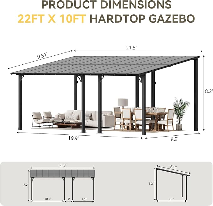 Aoxun 22' x 10' Pergola for Patio, Gazebo with Sloped Roof, Grill Pergola Large Wall-Mounted Heavy Duty Awnings, for Backyard, Deck, Patio