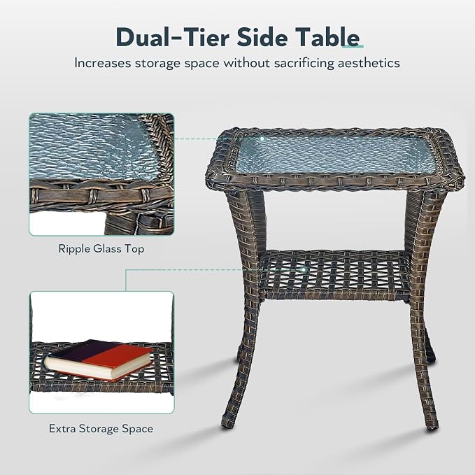 5 Piece Patio Furniture Set with Fire Pit Table - Wicker Patio Conversation Set with Swivel Glider, 3-Seat Sofa, Tempered Glass Side Table for Deck Backyard - Brown Wicker Grey Cushion