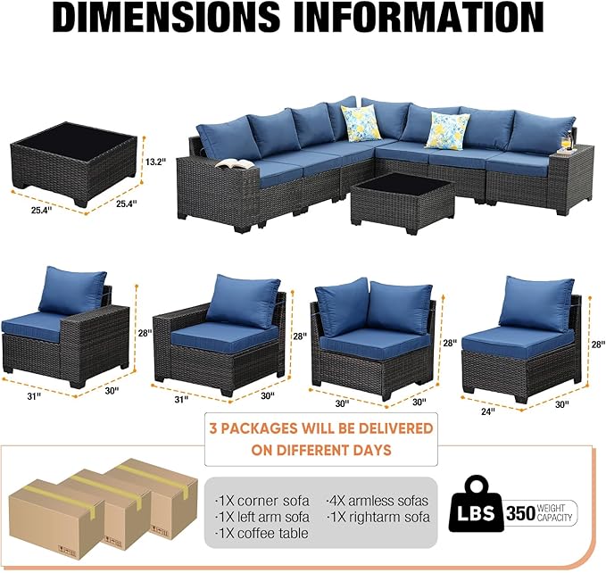 8 Pieces Patio Furniture Set, Wicker PE Rattan Outdoor Sectional with Cushion & Coffee Table, Patio Conversation Sofa for Garden, Backyard, Poolside, Navy