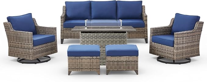 Patio Furniture Set with 42.5" Fire Pit Table-6 Pieces All Weather Wicker Outdoor Furniture with High Back Swivel Patio Chairs Set of 2 Outdoor Patio Conversation Sets for Deck Backyard Blue/Gray
