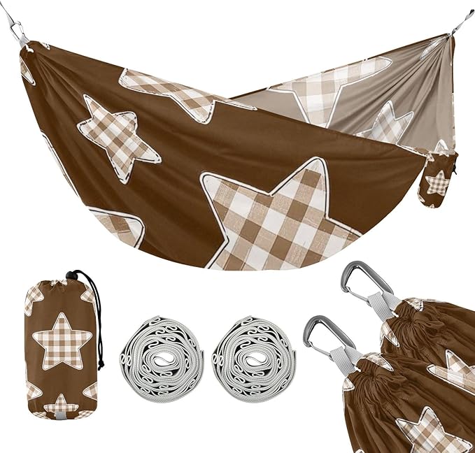 Cartoon Checkered Plaid Star Brown 330lb Capacity Hammocks for Camping Rope Hammock for Outside Patio Garden hamaca para Camping 0 a 24 Meses