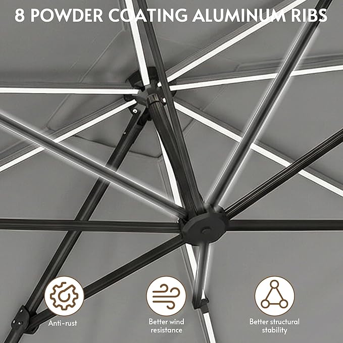 11x11FT Solar Powered LED Light Cantilever Patio Umbrella with Base Included, Large Cantilever Umbrella with 360°Rotation, Heavy-Duty Offset Outdoor Umbrella for Patio,Pool,Backyard (Gray)