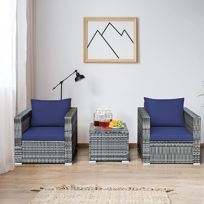 Tangkula 3 Pieces Patio Furniture Set, PE Rattan Wicker Sofa Set w/Washable Cushion and Tempered Glass Tabletop, Outdoor Conversation Furniture for Garden Poolside Balcony