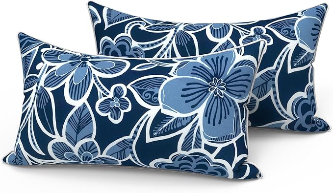 LVTXIII Set of 2 Outdoor Lumbar Pillows for Patio Furniture with White Piping, 12"x20" Fade Resistant Patio Lumbar Pillows with Inserts for Home Coach Sofa Use, Flower Navy