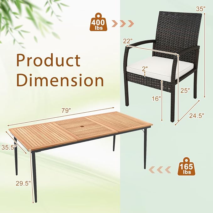 Tangkula 9-Piece Patio Dining Set, 79" Outdoor Acacia Wood Dining Table with 1.9" Umbrella Hole & 8 Rattan-Woven Dining Chairs with Seat Cushions, for Garden, Porch, Deck