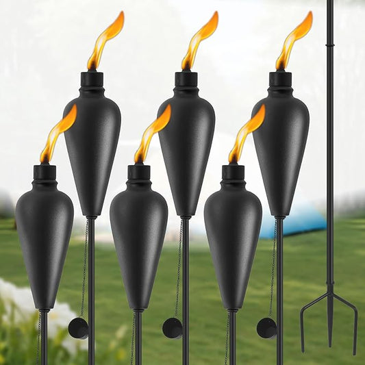 ZSZMFH 6 Pack Citronella Torches Outdoor, Metal Tiki Torches for Outside, 59.5 Inch Upgraded Garden Torch with 3-Prong Grounded Stake, Patio Pathway Party Decorative Outdoor Light Torches, (Black)