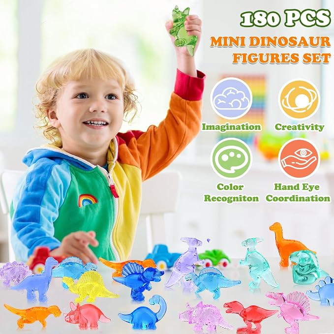 180 Pcs Mini Dinosaur Figures, Mini Resin Animals Figures to Hide, Small Plastic Dinosaur Figurines Miniature Ornaments Diving Gems for Vase Filler Fairy Garden Dino Party Decorations (Tiny Dinosaur)