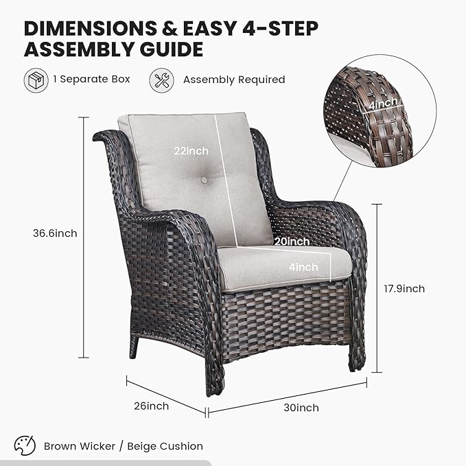 Belord High Back Patio Chairs Set of 2 - Brown Wicker Outdoor Seating, 4" Wide Armrests Rattan Outdoor Club Chairs with Beige Removable Cushion for Deck Porch Backyard