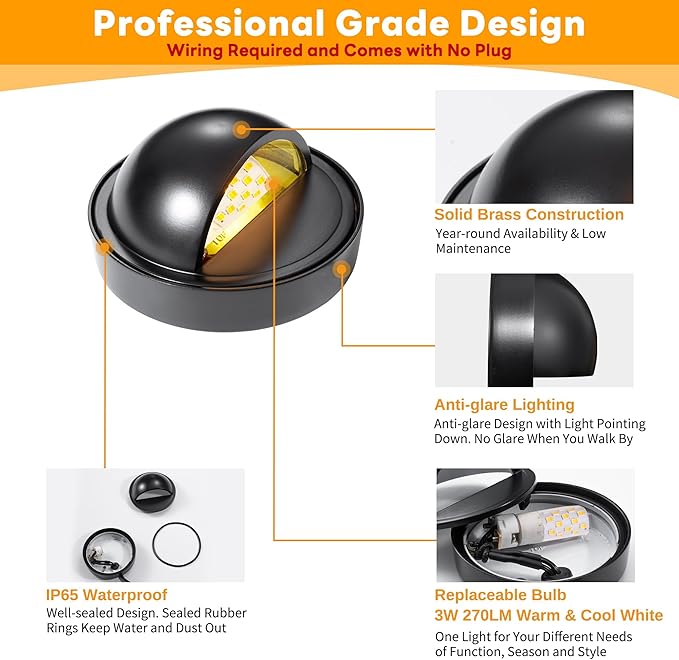 Gardenreet Landscape LED Step Lights - Solid Brass Low Voltage Deck Lights, Outdoor 12V Hardwired IP65 Waterproof Black for Wall Garden Stair with 3W Adjustable Warm & Neutral White G4 Bulb 12 Pack