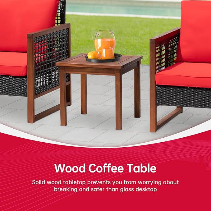 FDW Patio Bistro Set 3-Piece Acacia Wood Outdoor Chat Conversation Table Chair Set Outdoor Wood Chat Set with Water Resistant Cushions and Coffee Table for Beach Backyard Garden,Red Cushion