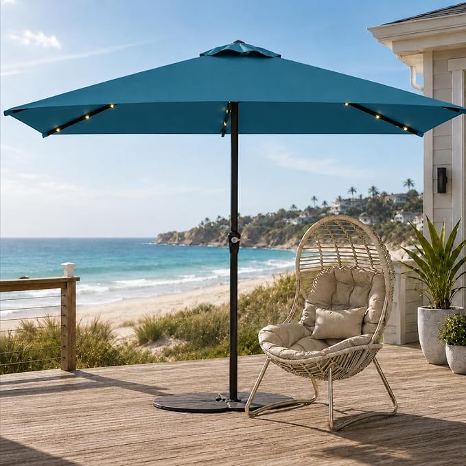 6.5 x 10ft Rectangular Patio Umbrella with Solar Lights, 16 LED Lighted Market Umbrella with Push-Button Tilt and Crank, 6 Sturdy Iron Ribs for Garden, Deck, Pool, Lake Blue