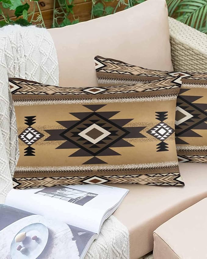Vandarllin Outdoor Throw Pillows Covers 20x12 inch Set of 2 Waterproof Tribal Style Decorative Zippered Cushion Covers for Patio Furniture, Brown Southwest Native American Lumbar Pillowcases