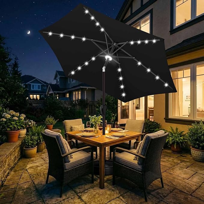 Jarka&Co 7.5ft Solar Patio Umbrella - Lighted Solar Outdoor Umbrella with 24 LED Lights Waterprool UV Protection, Market Table Umbrella with Tilt for Backyard, Garden, Pool, Porch (Black)