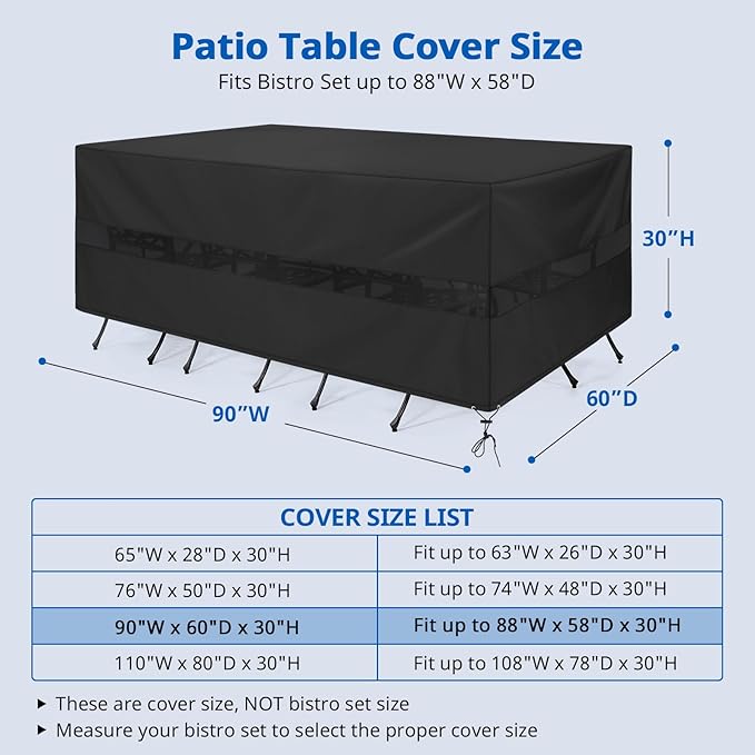 SunPatio Patio Furniture Covers Waterproof, Rectangular Table and Chairs Set Cover, Outdoor Furniture Set Cover with Drawstrings and Taped Seams, All Weather Protection, 90"W x 60"D x 30"H, Black