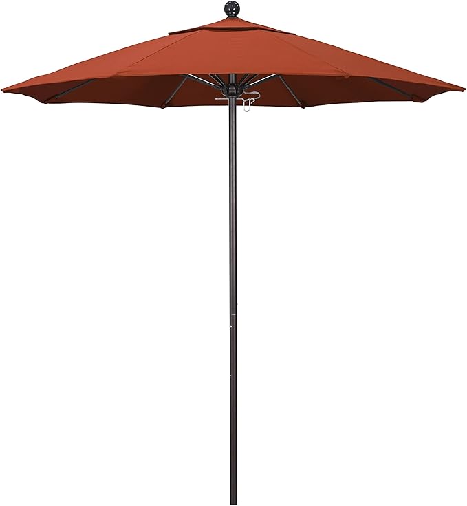 California Umbrella 7.5' Round Aluminum/Fiberglass Umbrella, Push Open, Bronze Pole, Olefin Sunset Fabric