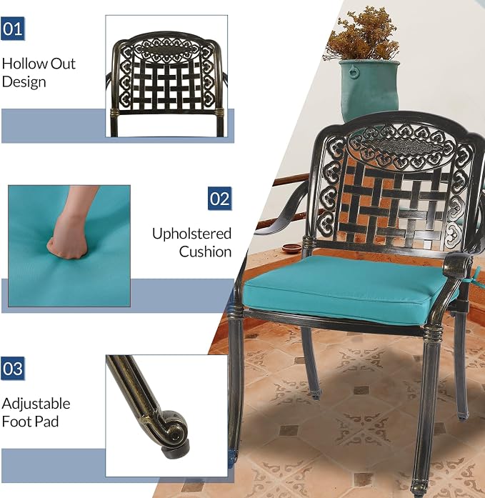 9-Piece Patio Cast Aluminum Dining Set, Outdoor Dining Furniture Set for 8 Person, Includes 8 Cushioned Chairs and 61" Large Round Dining Table W/ 31" Lazy Susan, Umbrella Hole, Ocean Blue