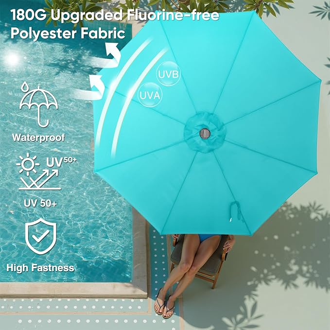 DUMOS LED Outdoor Patio Umbrella 10 FT UV-Resistant Market Umbrella with Tilt Adjustment & Crank Lift, All-Weather Shade for Backyard, Deck, Garden, Beach