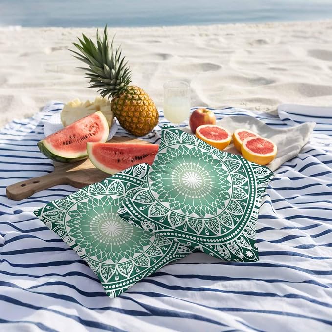 Vandarllin Outdoor Throw Pillows Covers 24x24 inch Set of 2 Waterproof Green Boho Floral Decorative Zippered Cushion Covers for Patio Furniture, Bohemian Sacred Space Art Lumbar Pillowcases