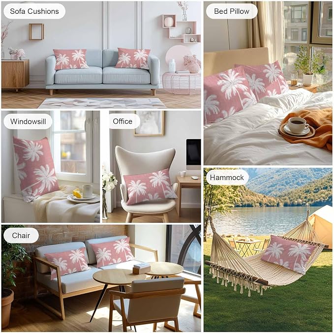 Lumbar Pillow Covers 20x12 Inch Set of 2, Pink Palm Trees Waterproof Outdoor Pillow Covers, Farmhouse Tropical Summer Beach Decorative Cushion Pillowcases for Couch, Sofa, Bed, Garden, Patio