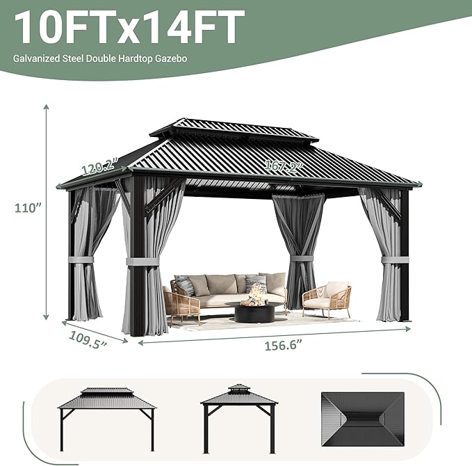AirWire 10'x14' Gazebo Hardtop Gazebo, Aluminum Frame Pergola with Double Galvanized Steel Roof, Permanent Outdoor Metal Canopy with Curtain & Netting for Patio, Backyard, Deck, Dark Grey