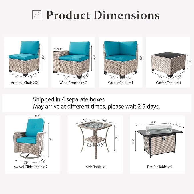 10 Pieces Patio Furniture Set with Fire Pit Table, Outdoor Sectional Wicker Sofa with Thick Cushions, High Back Swivel Rocker Patio Chairs, Rattan Conversation Set with Coffee Table, Cyan