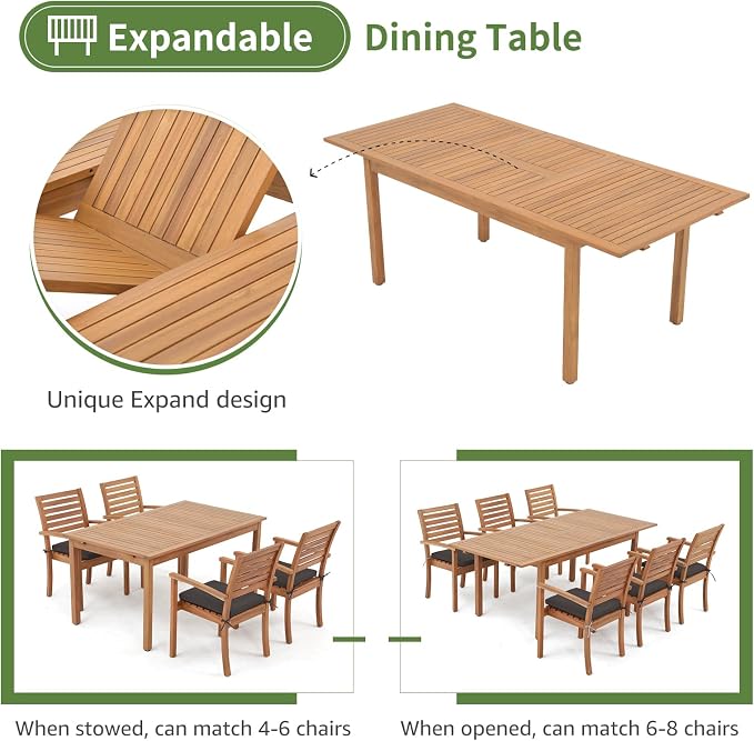 OC Orange-Casual 7 Piece Patio Dining Set, Outdoor Acacia Wood Furniture Set, Extendable Rectangular Table and 6 Stackable Chairs w/Removeable Fabric Cushion, Dark Grey Cushion
