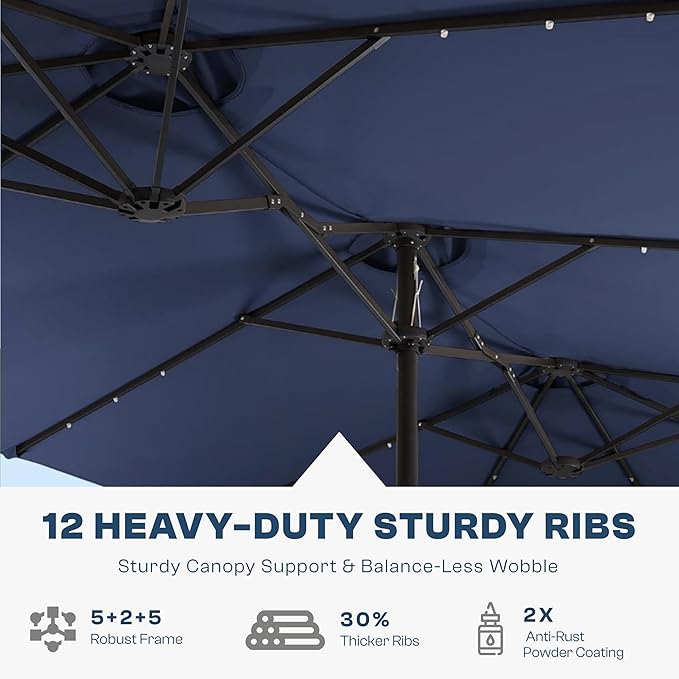 15FT Large Outdoor Patio Umbrella with Solar Lights and Base, Double-Sided Table Umbrellas with 48 LED Lights, Rectangle Market Umbrella for Pool, Deck, Backyard
