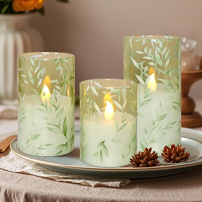 Glass Flameless Candles Green Decor Willow Leaves Vines Greenery Battery Operated LED Pillar Candles for Elegant Home Botanical Decor Special Occasions, Set of 3