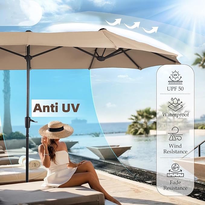 PHI VILLA 13 ft Outdoor Patio Umbrella, Large Rectangular Double Sided Market Table Twin Umbrellas with Crank Handle for Deck Pool(Beige)