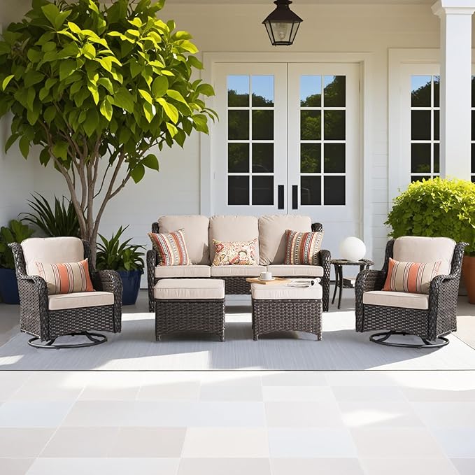 ovios 6-Pieces Patio Furniture Set with Swivel Chairs, Outdoor Wicker Sofa Couch Gliders Rocker Comfy Cushions, High Back Modern Conversation Set, Brown Rattan, Beige